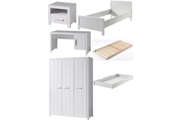 Seng med ribbebunn nattbord tre-dørs garderobe skrivebord skuff Erik - Møbler - Senger - Møbelsett til soverom