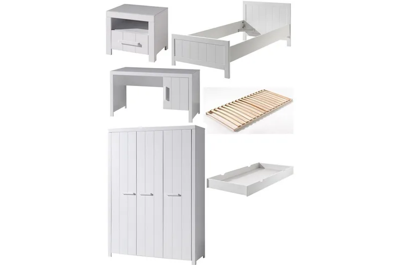 Seng med ribbebunn nattbord tre-dørs garderobe skrivebord skuff Erik