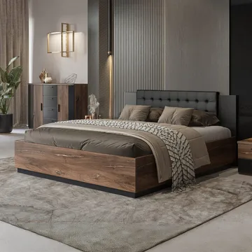 Seng Sigma med ramme på gassløft og oppbevaringsboks - 180 cm, Mørk Flagstaff eik med kobberfarget ornament - Møbler - Senger - Sengeramme & sengestamme