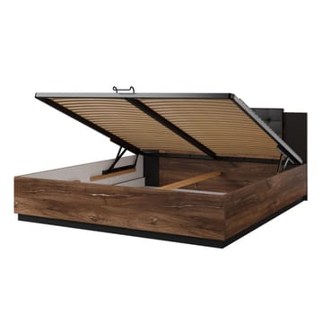 Seng Sigma med ramme på gassløft og oppbevaringsboks - 180 cm, Mørk Flagstaff eik med kobberfarget ornament - Møbler - Senger - Sengeramme & sengestamme