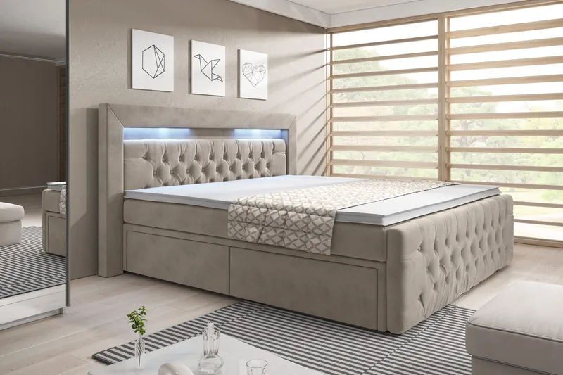 Sengepakke Celio 180x200 med Oppbevaring LED-belysning, Beige / Fløyel