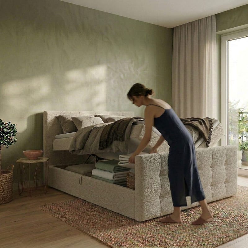 Sengepakke Kontinentalseng Elvros 140x200 cm med oppbevaring med løftemekanisme - Kremet ecru / lys beige - Møbler - Senger - Kontinentalsenger