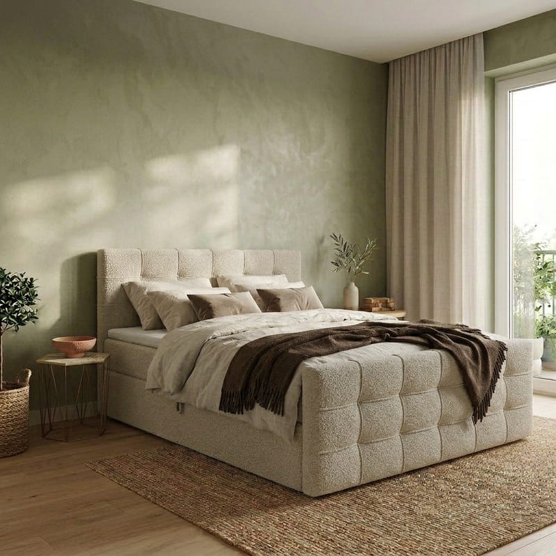 Sengepakke kontinentalseng Elvros 160x200 cm med løfteoppbevaring - Kremet ecru / lys beige - Møbler - Senger - Kontinentalsenger