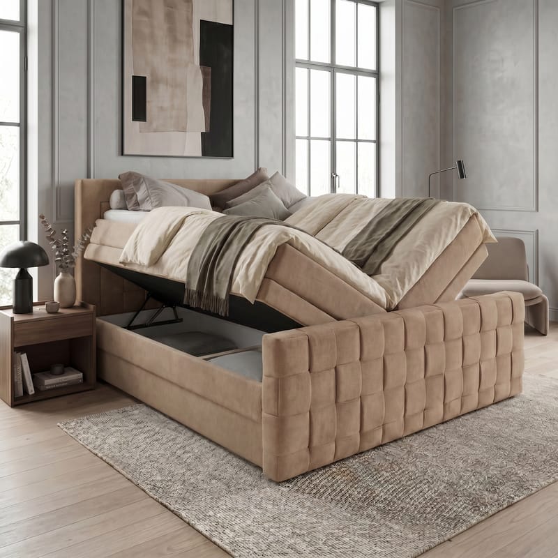 Sengepakke kontinentalseng Ryven 140x200 cm med løfteoppbevaring - kamel/karamell/gyllen beige - Møbler - Senger - Kontinentalsenger