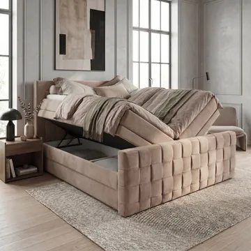 Sengepakke kontinentalseng Ryven 140x200 cm med løfteoppbevaring - varm beige/latte - Møbler - Senger - Kontinentalsenger