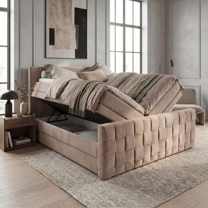 Sengepakke kontinentalseng Ryven 140x200 cm med løfteoppbevaring - varm beige/latte - Møbler - Senger - Kontinentalsenger