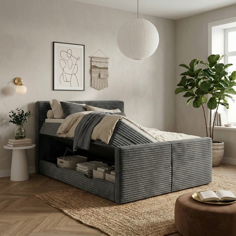 Sengepakke Kontinentalseng Sorvin 160x200 cm med oppbevaring med løftemekanisme - Grafitt/Mørkegrå - Møbler - Senger - Kontinentalsenger