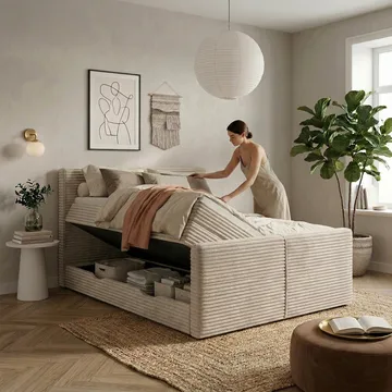 Sengepakke Kontinentalseng Sorvin 180x200 cm med oppbevaring med løftemekanisme - Krem/ecru/elfenben - Møbler - Senger - Kontinentalsenger