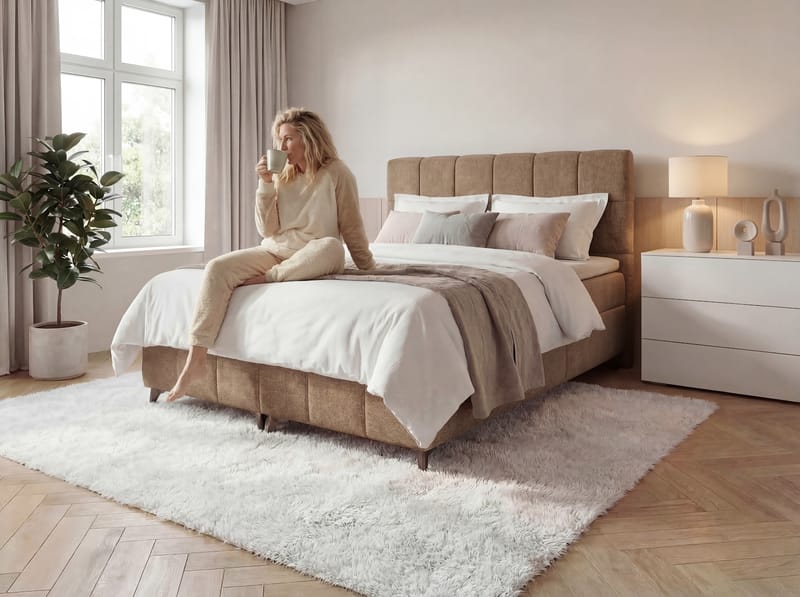 Sengepakke kontinentalseng Vyrosen 160x200 cm med løfteoppbevaring - beige - Møbler - Senger - Kontinentalsenger
