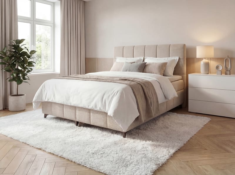 Sengepakke kontinentalseng Vyrosen 160x200 cm med løfteoppbevaring - kremet beige - Møbler - Senger - Kontinentalsenger