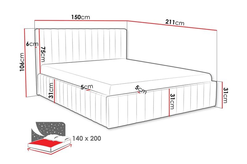 Desio Oppbevaringsseng 140x200 cm - Rød - Møbler - Senger - Senger med oppbevaring