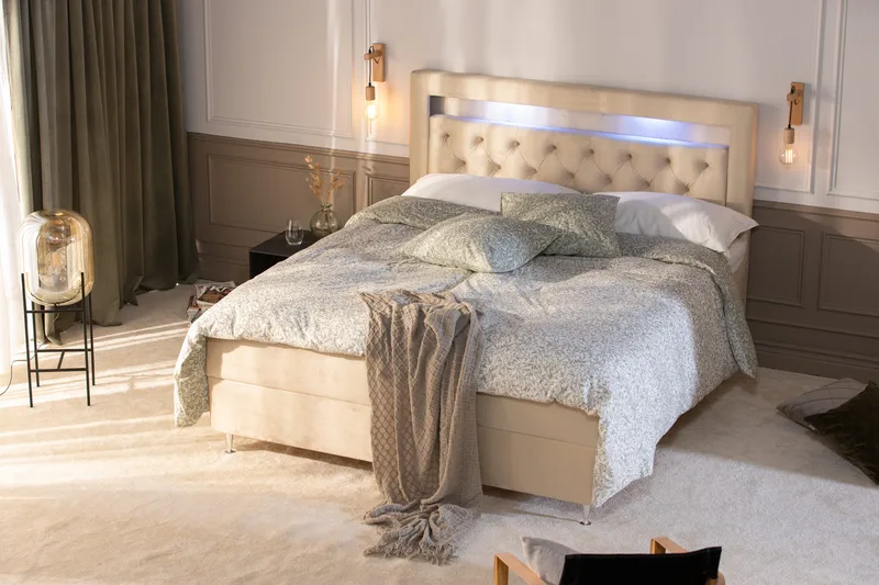 Alessia Komplett Sengpakke med Oppbevaring LED-belysning 160x200 cm - Beige - Møbler - Senger - Senger med oppbevaring