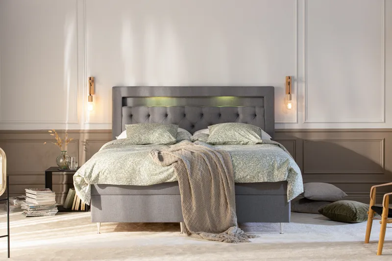 Oppbevaringsseng Alessia med LED-belysning 160x200 - Grå - Møbler - Senger - Senger med oppbevaring