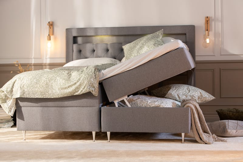 Oppbevaringsseng Alessia med LED-belysning 160x200 - Grå - Møbler - Senger - Senger med oppbevaring