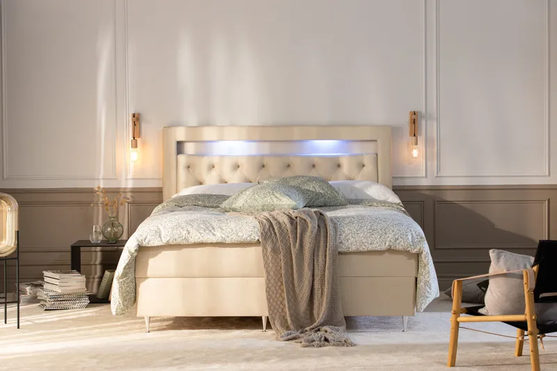 Oppbevaringsseng Alessia med LED-belysning 180x200 - Beige - Møbler - Senger - Senger med oppbevaring