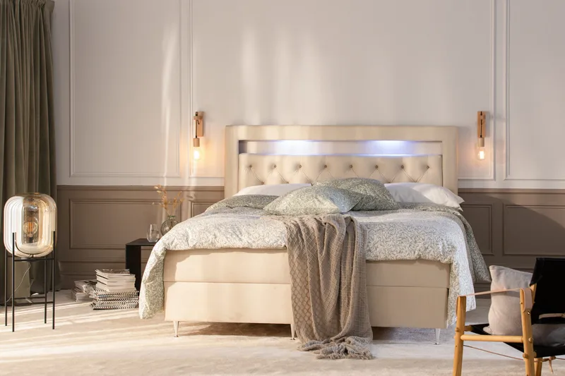 Oppbevaringsseng Alessia med LED-belysning 180x200 - Beige - Møbler - Senger - Senger med oppbevaring