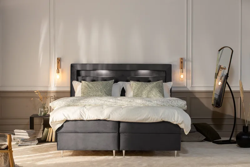 Oppbevaringsseng Alessia med LED-belysning 180x200 - Mørkgrå Fløyel - Møbler - Senger - Senger med oppbevaring