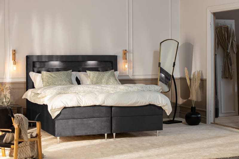 Oppbevaringsseng Alessia med LED-belysning 180x200 - Mørkgrå Fløyel - Møbler - Senger - Senger med oppbevaring