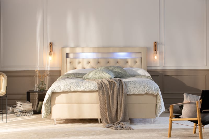 Oppbevaringsseng Monopoli med LED-belysning 180x200 - Beige - Møbler - Senger - Senger med oppbevaring - Dobbeltseng med oppbevaring