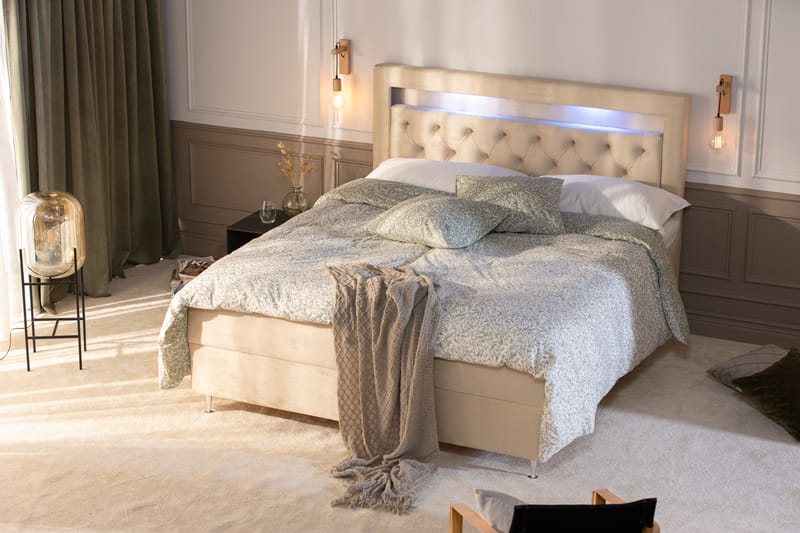 Oppbevaringsseng Monopoli med LED-belysning 180x200 - Beige - Møbler - Senger - Senger med oppbevaring - Dobbeltseng med oppbevaring