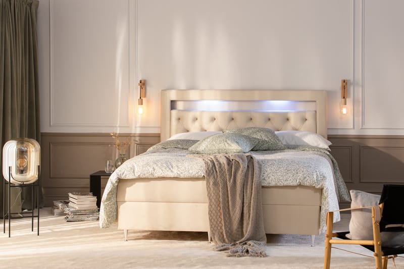 Oppbevaringsseng Monopoli med LED-belysning 180x200 - Beige - Møbler - Senger - Senger med oppbevaring - Dobbeltseng med oppbevaring