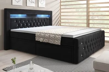 Franco Komplett Sengpakke med Oppbevaring LED-belysning 180x200 cm - Svart / Fløyel krystall sengegavl - Møbler - Senger - Senger med oppbevaring