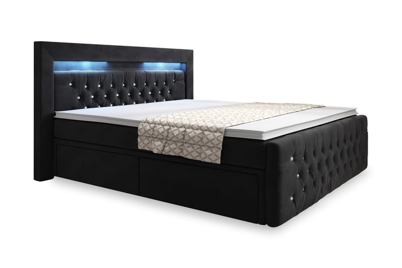Kontinentalseng Celio 160x200 LED-belysning - Svart Fløyel - Senger med oppbevaring - Komplett sengepakke