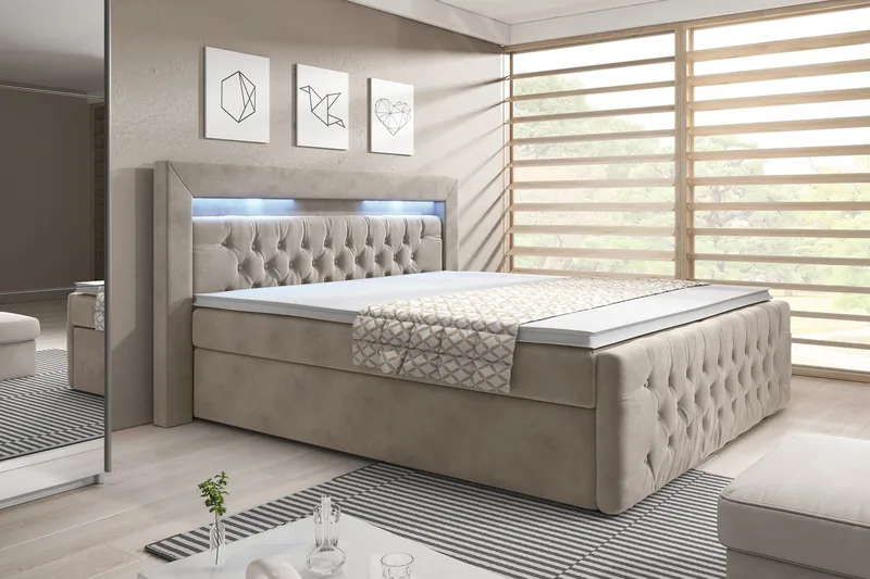 Kontinentalseng Celio 180x200 LED-belysning - Beige / Fløyel - Møbler - Senger - Senger med oppbevaring