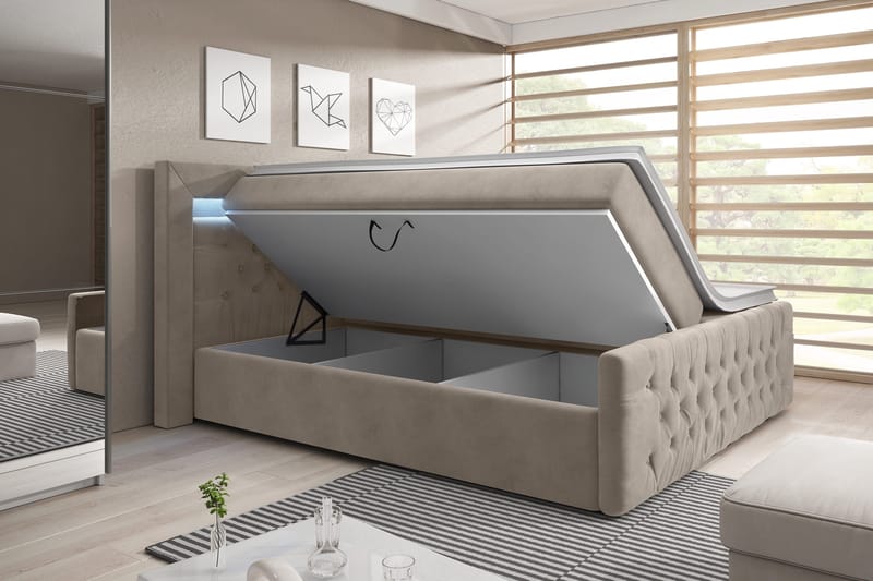 Kontinentalseng Celio 180x200 LED-belysning - Beige / Fløyel - Møbler - Senger - Senger med oppbevaring