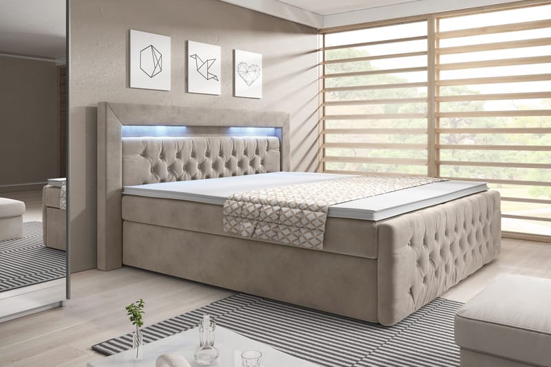 Kontinentalseng Celio 180x200 LED-belysning - Beige|Fløyel - Møbler - Senger - Senger med oppbevaring
