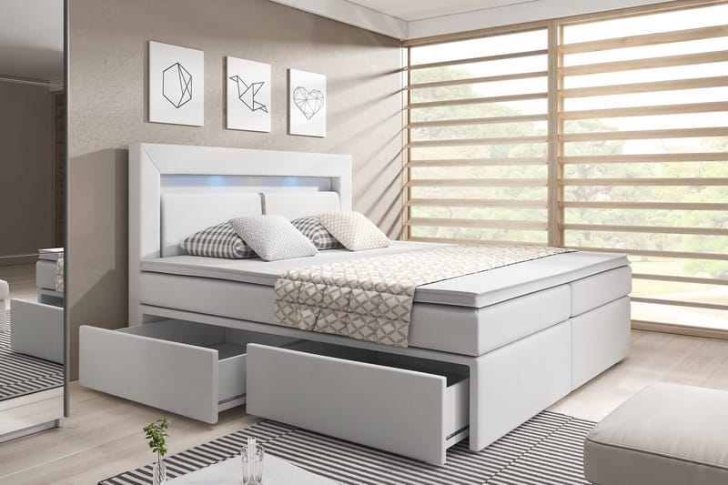 Modena Sengepakke 180x200 med Oppbevaring LED-belysning - Hvit - Møbler - Senger - Senger med oppbevaring