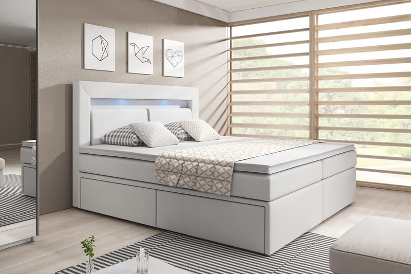 Modena Sengepakke 180x200 med Oppbevaring LED-belysning - Hvit - Møbler - Senger - Senger med oppbevaring