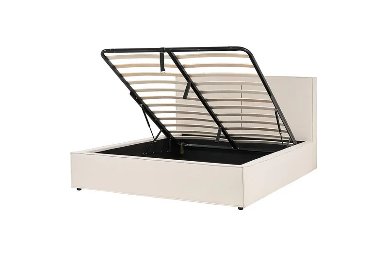 Moissac Dobbeltseng med Oppbevaring i Stoff med Sengegavl og Metallramme, Beige