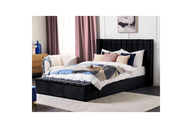 Säng med förvaringsbänk Beliani Noyers Beige, 160x200 cm Black 180x200 - Møbler - Senger - Vannsenger