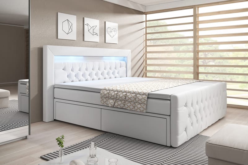 Sengepakke Celio 180x200 LED-belysning - Hvit|Kunstlær - Senger med oppbevaring - Komplett sengepakke