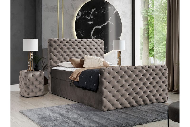 Almancil Sengepakke 160x200 cm med Sengegavl + Overmadrass med Fasthetsgrad Medium - Taupe - Møbler - Senger - Sengeramme & sengestamme