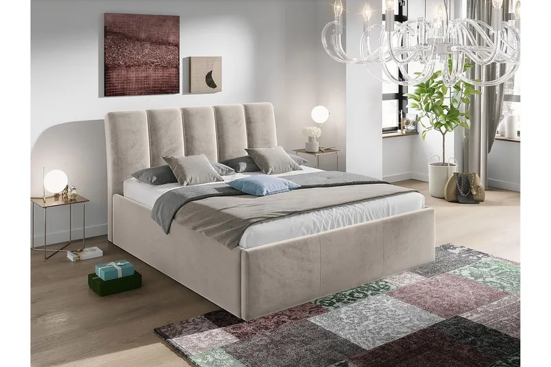 Aviemore Sengeramme 140x200 cm i Fløyel med Sengegavl og Oppbevaring - Beige - Møbler - Senger - Sengeramme & sengestamme