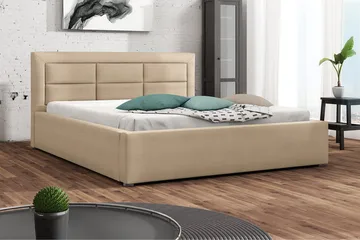 Axlunda Sengeramme 200x200 cm i Stoff med Oppbevaring og Sengegavl - Beige - Møbler - Senger - Sengeramme & sengestamme