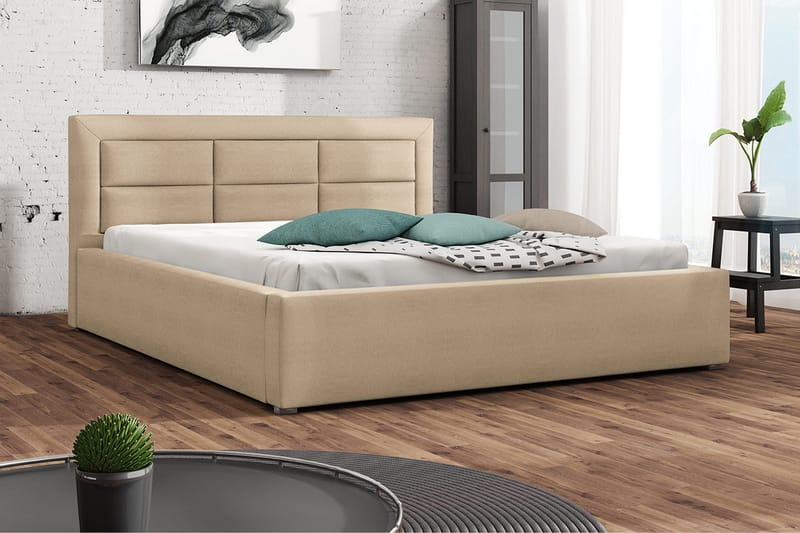 Axlunda Sengeramme 200x200 cm i Stoff med Oppbevaring og Sengegavl - Beige - Møbler - Senger - Sengeramme & sengestamme
