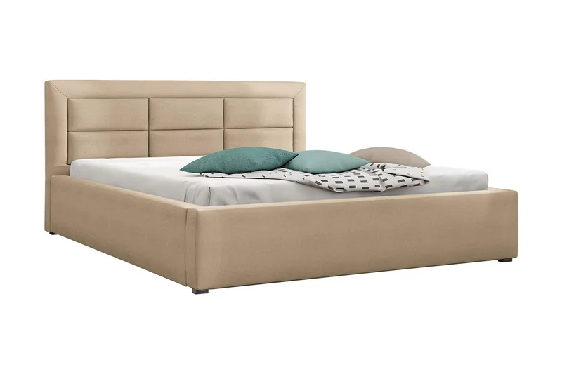 Axlunda Sengeramme 200x200 cm i Stoff med Oppbevaring og Sengegavl - Beige - Møbler - Senger - Sengeramme & sengestamme
