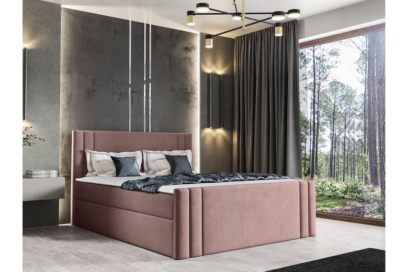 Betvallen Sengepakke 160x200 cm i Fløyel med Oppbevaring + Sengegavl + Overmadrass - Rosa - Møbler - Senger - Sengeramme & sengestamme