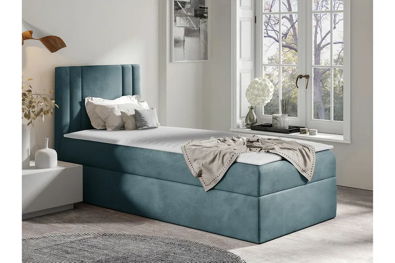 Betvallen Sengepakke 90x200 cm med Sengegavl + Overmadrass med Fasthetsgrad Medium - Blå - Møbler - Senger - Sengeramme & sengestamme
