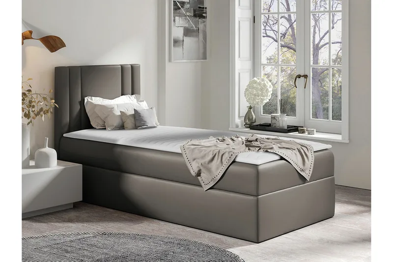 Betvallen Sengepakke med Oppbevaring 90x200 cm med Sengegavl + Overmadrass - Taupe - Møbler - Senger - Sengeramme & sengestamme