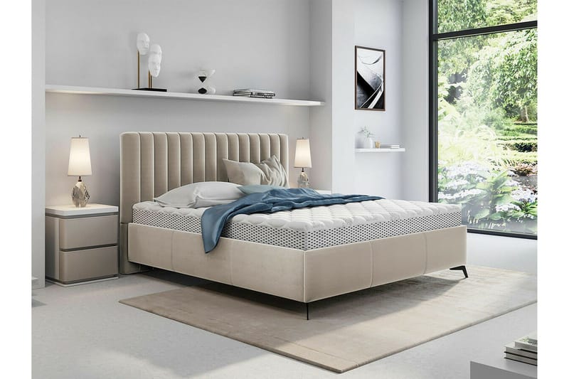 Derry Sengeramme med Oppbevaring 160x200 cm i Velur med Sengegavl - Beige - Møbler - Senger - Sengeramme & sengestamme