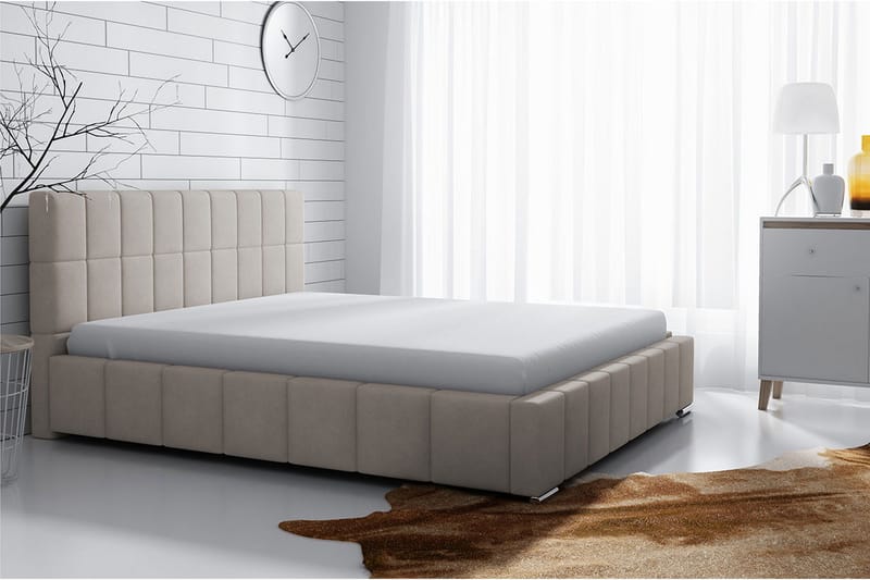 Elverum Sengepakke 160x200 cm i Stoff med Oppbevaring og Sengegavl + Overmadrass - Beige - Møbler - Senger - Sengeramme & sengestamme