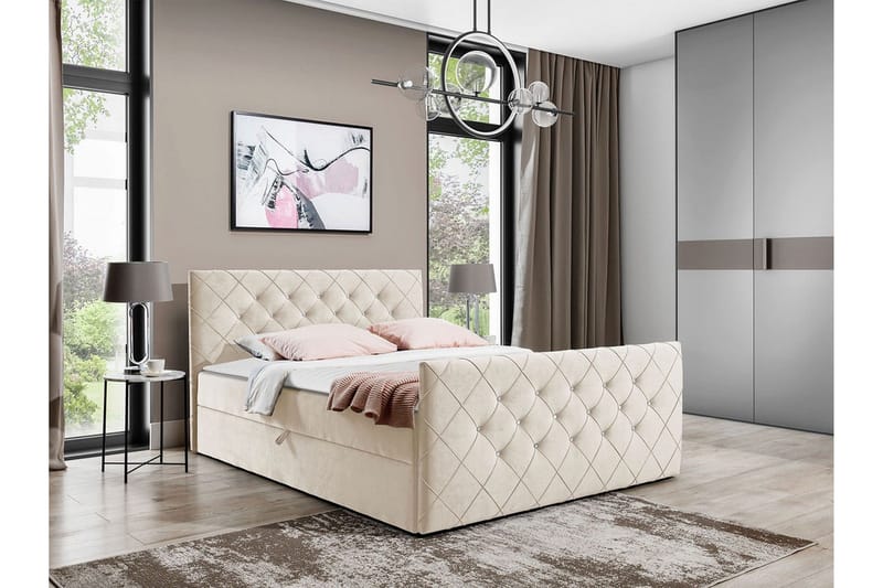 Hattie Sengepakke 140x200 cm med Sengegavl + Overmadrass med Fasthetsgrad Medium - Beige - Møbler - Senger - Sengeramme & sengestamme