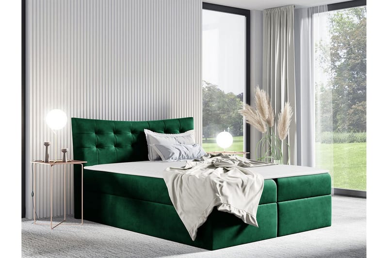 Hayton Sengepakke 120x200 cm i Fløyel med Oppbevaring + Sengegavl + Overmadrass - Grønn - Møbler - Senger - Sengeramme & sengestamme