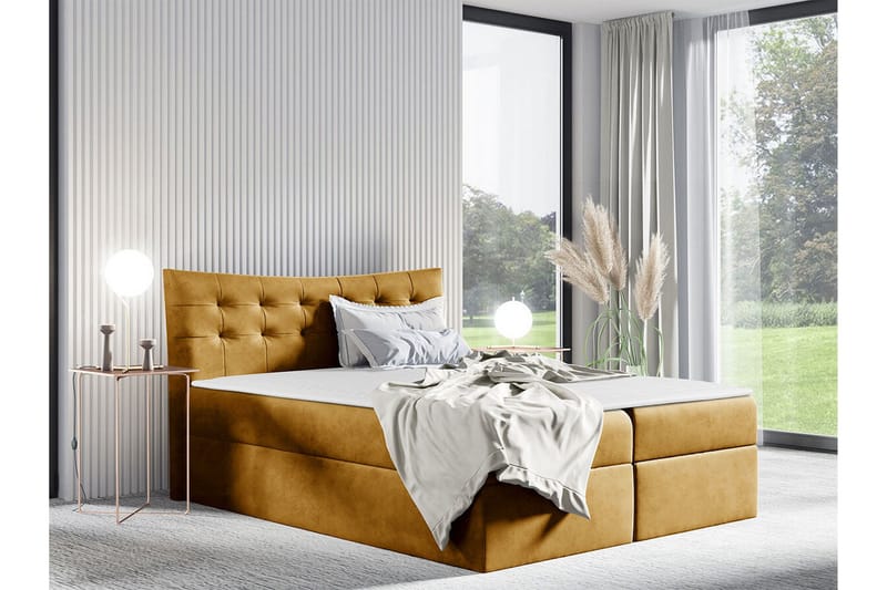 Hayton Sengepakke 140x200 cm i Fløyel med Oppbevaring + Sengegavl + Overmadrass - Gul - Møbler - Senger - Sengeramme & sengestamme