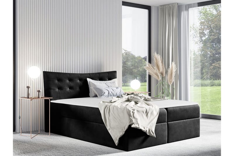 Hayton Sengepakke 140x200 cm i Fløyel med Oppbevaring + Sengegavl + Overmadrass - Svart - Møbler - Senger - Sengeramme & sengestamme