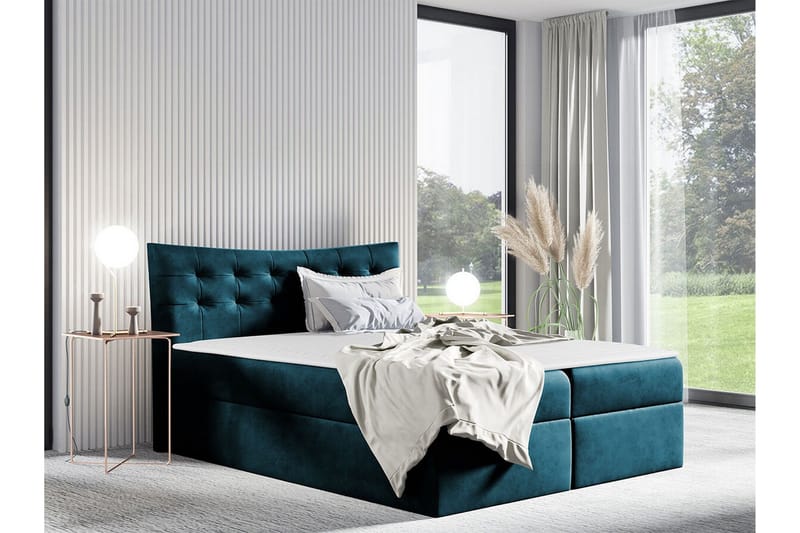 Hayton Sengepakke 140x200 cm i Fløyel med Oppbevaring + Sengegavl + Overmadrass - Petrol - Møbler - Senger - Sengeramme & sengestamme